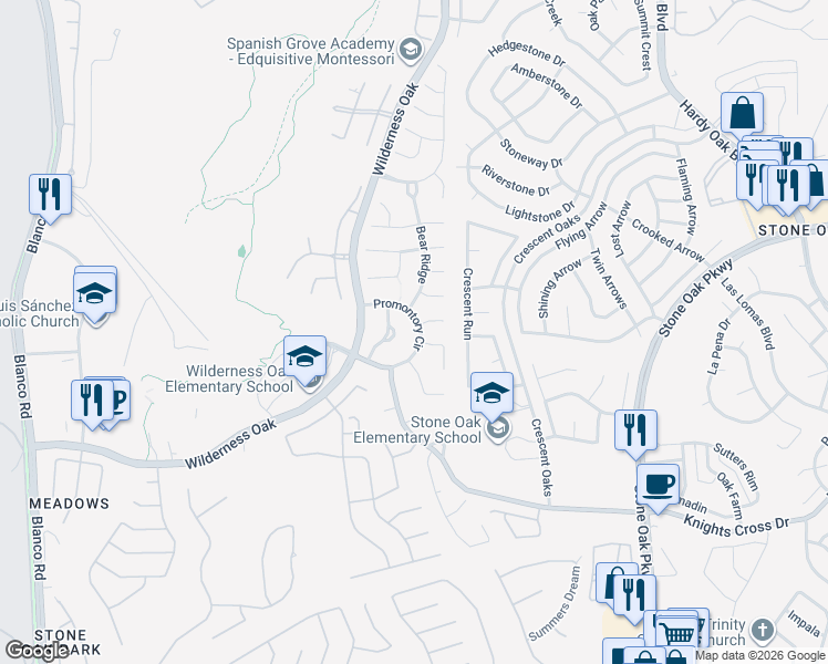 map of restaurants, bars, coffee shops, grocery stores, and more near 21114 Balmoral Place in San Antonio