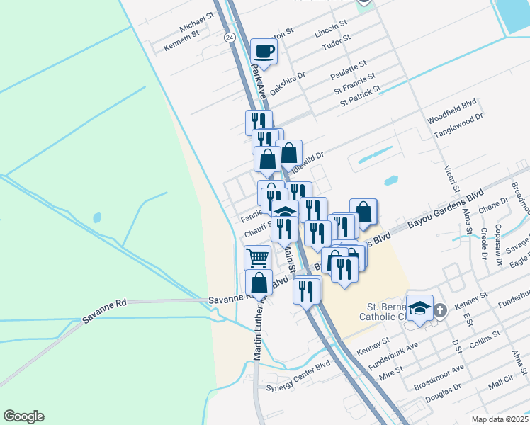 map of restaurants, bars, coffee shops, grocery stores, and more near 201 Fannie Street in Houma