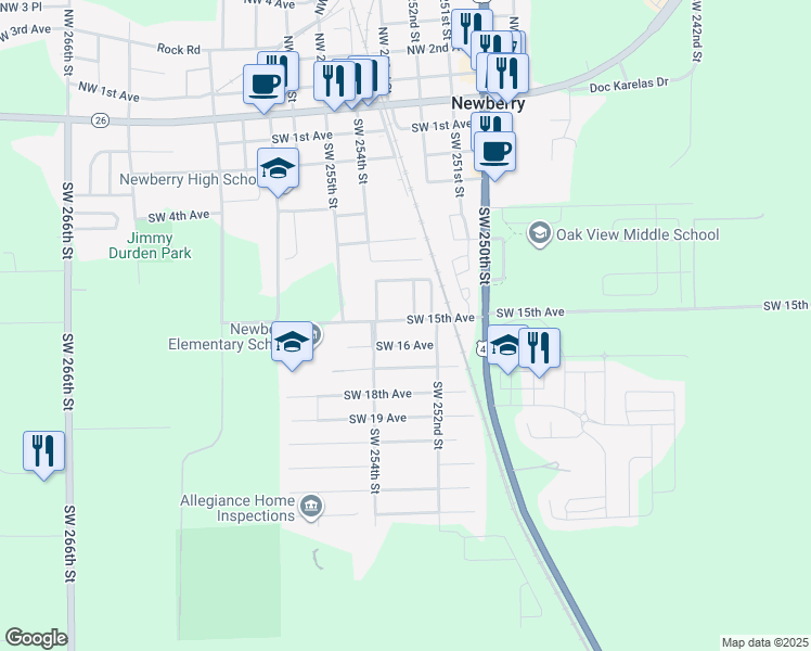 map of restaurants, bars, coffee shops, grocery stores, and more near 25253 Southwest 15th Avenue in Newberry