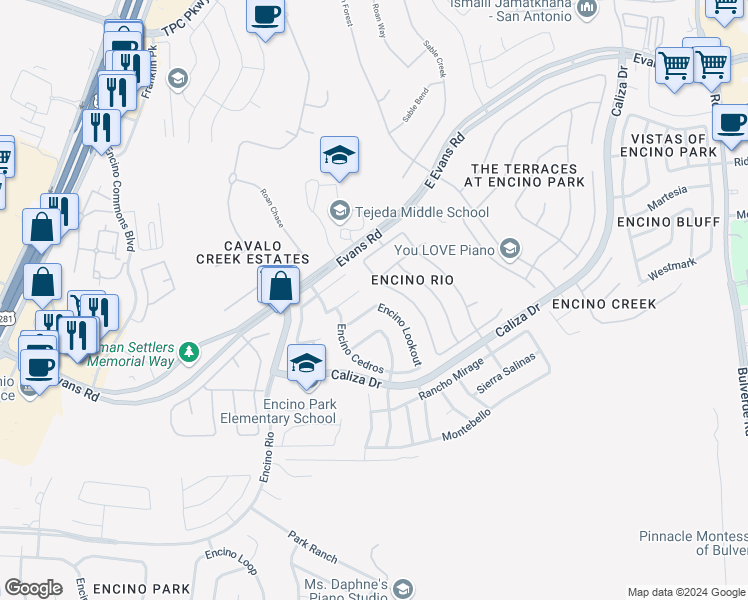 map of restaurants, bars, coffee shops, grocery stores, and more near 21502 Encino Lookout in San Antonio