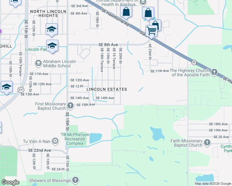 map of restaurants, bars, coffee shops, grocery stores, and more near 1317 Southeast 19 Terrace in Gainesville