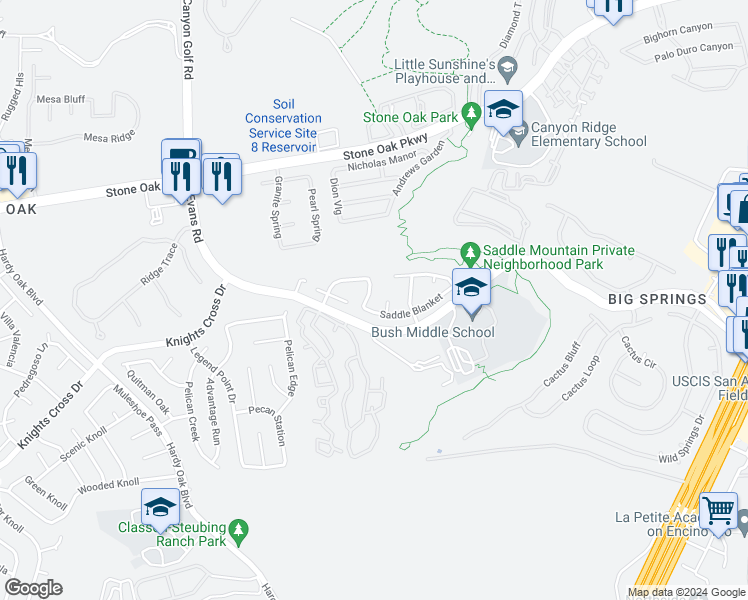map of restaurants, bars, coffee shops, grocery stores, and more near 21218 Cinch Run in San Antonio