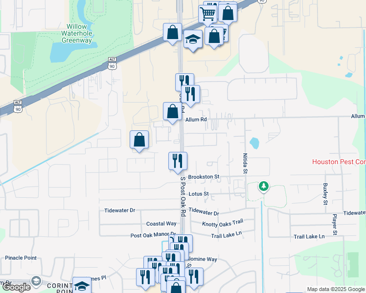 map of restaurants, bars, coffee shops, grocery stores, and more near 12953 South Post Oak Road in Houston