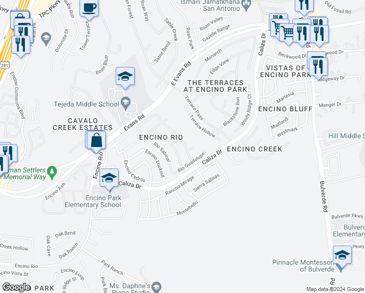map of restaurants, bars, coffee shops, grocery stores, and more near 21514 Rio Colorado in San Antonio