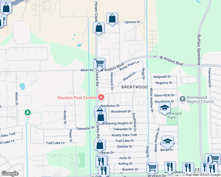 map of restaurants, bars, coffee shops, grocery stores, and more near 12938 Glenwyck Drive in Houston