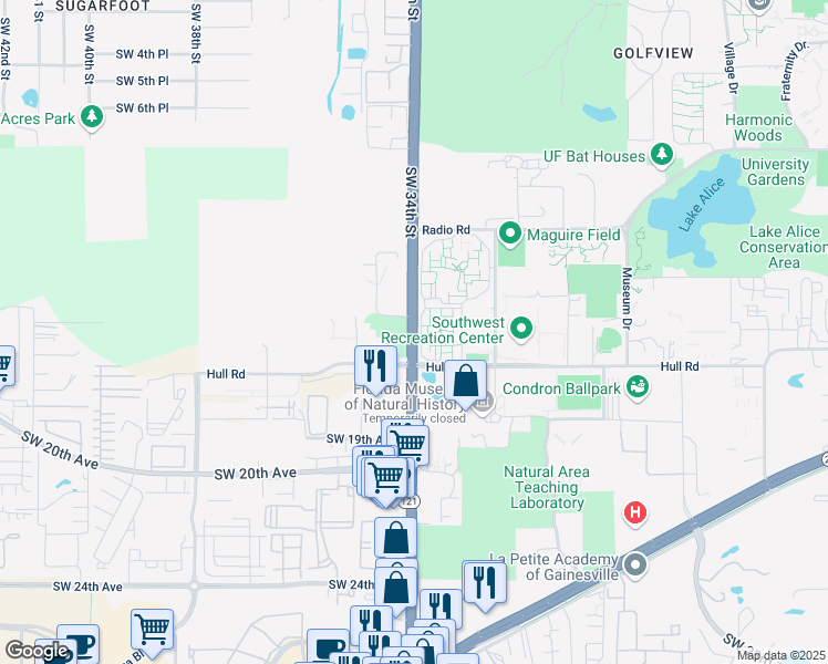 map of restaurants, bars, coffee shops, grocery stores, and more near 1457 Southwest 34th Street in Gainesville