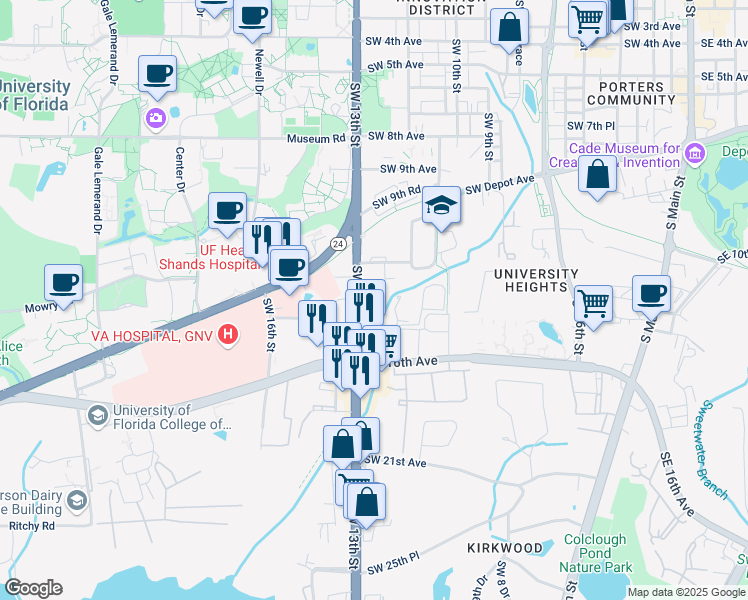 map of restaurants, bars, coffee shops, grocery stores, and more near 1216 Southwest 14th Avenue in Gainesville