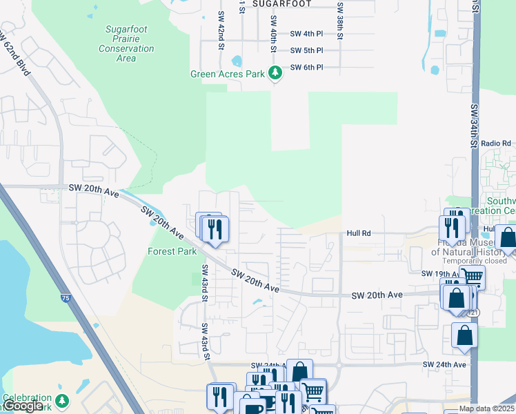map of restaurants, bars, coffee shops, grocery stores, and more near 4112 Southwest 15 Place in Gainesville