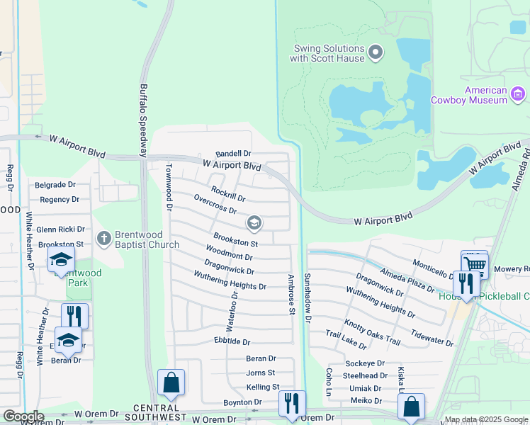 map of restaurants, bars, coffee shops, grocery stores, and more near 3107 Overcross Drive in Houston