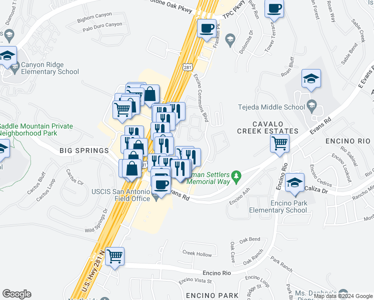 map of restaurants, bars, coffee shops, grocery stores, and more near 21103 Encino Commons Boulevard in San Antonio