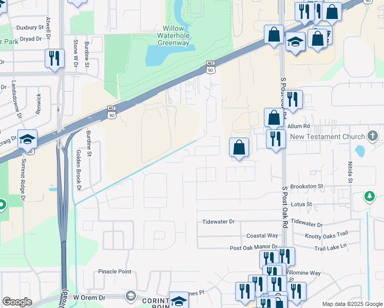 map of restaurants, bars, coffee shops, grocery stores, and more near 5911 Nodaway Creek Court in Houston