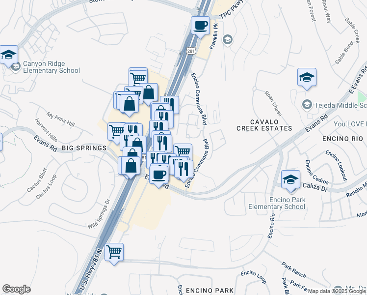 map of restaurants, bars, coffee shops, grocery stores, and more near 21103 Encino Commons Boulevard in San Antonio