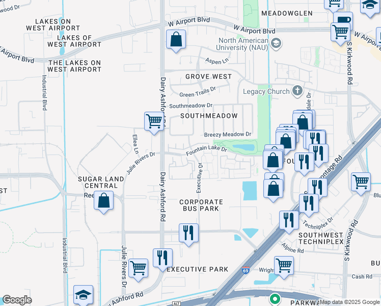 map of restaurants, bars, coffee shops, grocery stores, and more near 10490 Fountain Lake Drive in Stafford