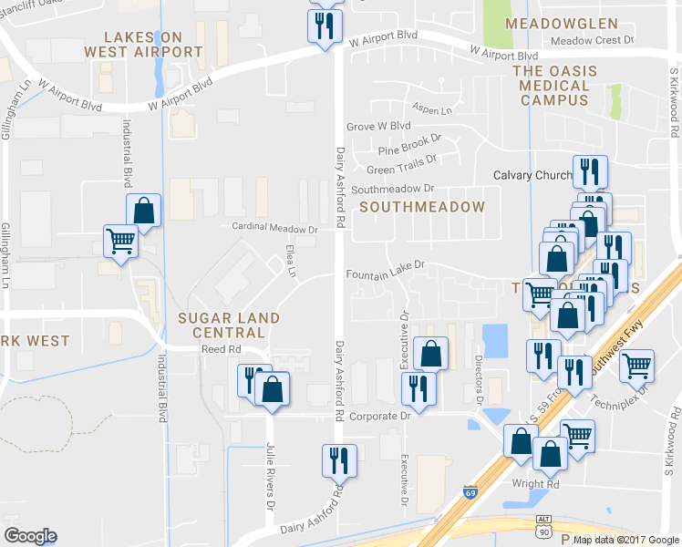 map of restaurants, bars, coffee shops, grocery stores, and more near 10050 Fountain Lake Drive in Stafford