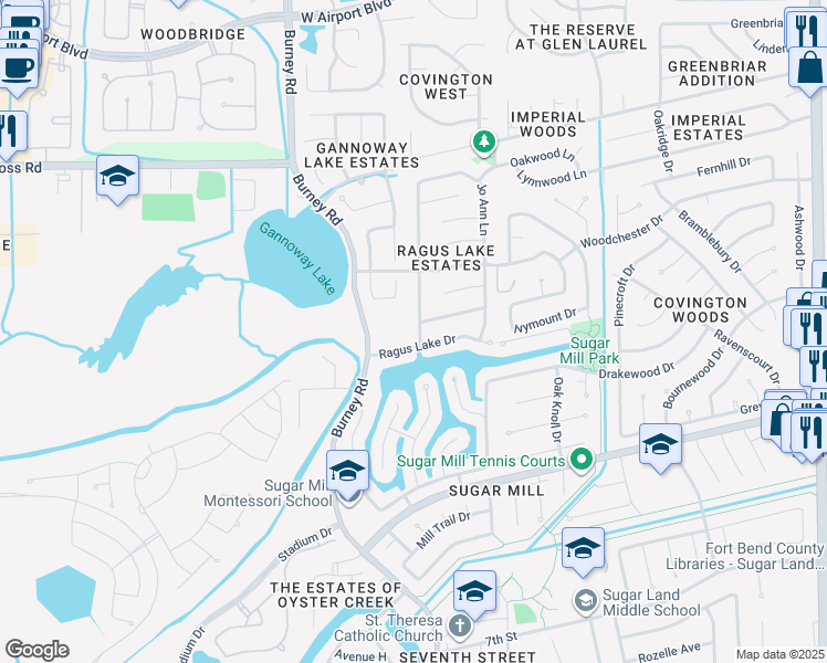 map of restaurants, bars, coffee shops, grocery stores, and more near 14118 Ragus Lake Drive in Sugar Land
