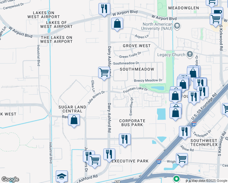 map of restaurants, bars, coffee shops, grocery stores, and more near 10425 Fountain Lake Drive in Stafford