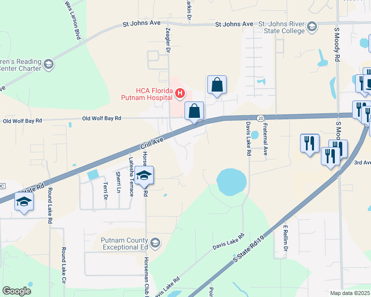 map of restaurants, bars, coffee shops, grocery stores, and more near 114 Pioneer Road in Palatka