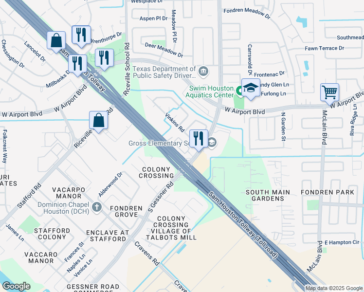 map of restaurants, bars, coffee shops, grocery stores, and more near 12600 South Gessner Road in Houston