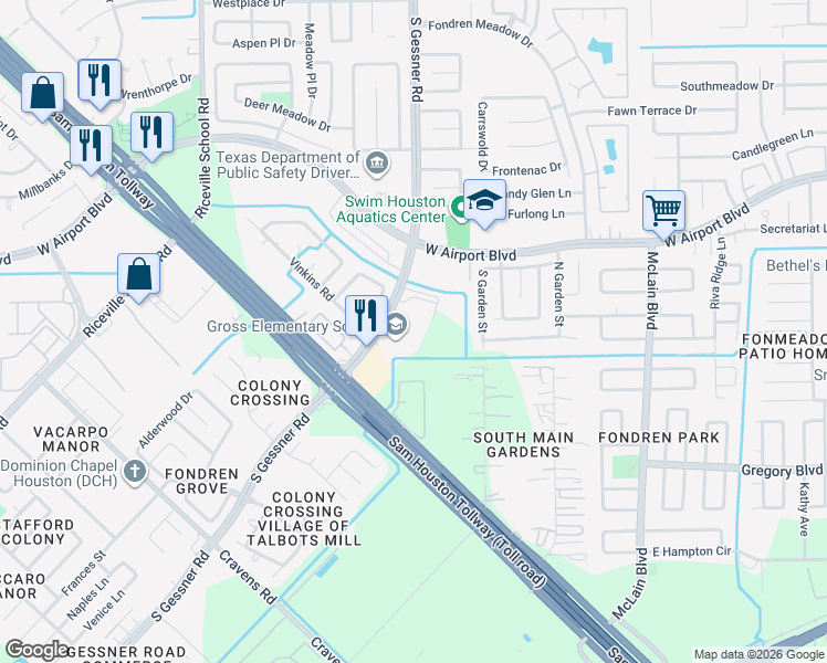 map of restaurants, bars, coffee shops, grocery stores, and more near 12583 South Gessner Road in Houston