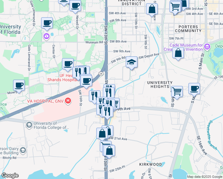 map of restaurants, bars, coffee shops, grocery stores, and more near 1216 Southwest 14th Avenue in Gainesville