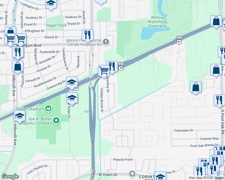 map of restaurants, bars, coffee shops, grocery stores, and more near 12651 Burdine Street in Houston