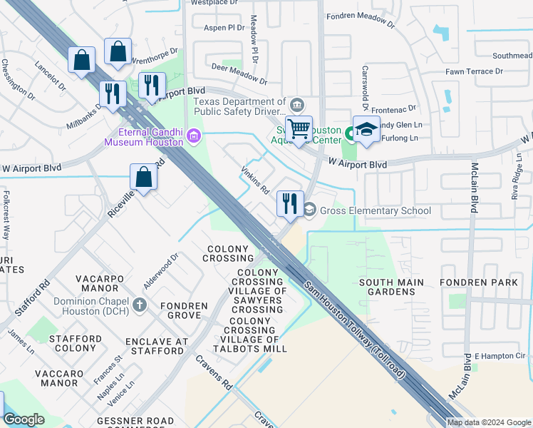 map of restaurants, bars, coffee shops, grocery stores, and more near 12600 South Gessner Road in Houston