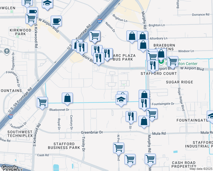 map of restaurants, bars, coffee shops, grocery stores, and more near 11107 West Airport Boulevard in Stafford