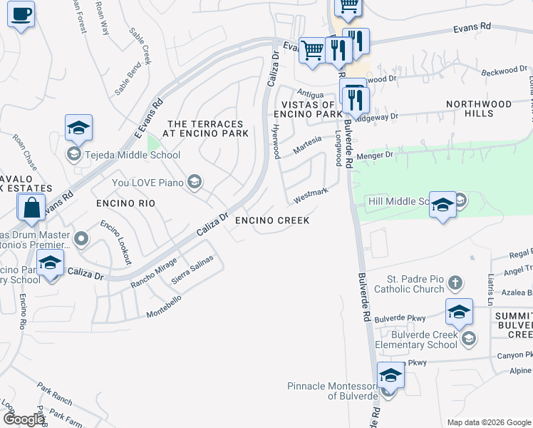 map of restaurants, bars, coffee shops, grocery stores, and more near 3310 Falling Creek in San Antonio