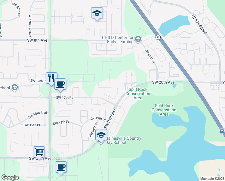 map of restaurants, bars, coffee shops, grocery stores, and more near 1652 Southwest 66th Drive in Gainesville