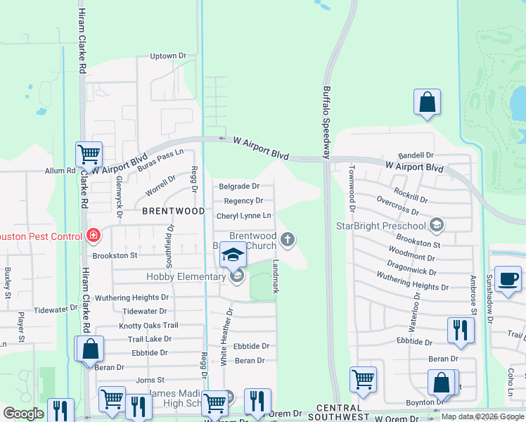 map of restaurants, bars, coffee shops, grocery stores, and more near 3814 Cheryl Lynne Lane in Houston