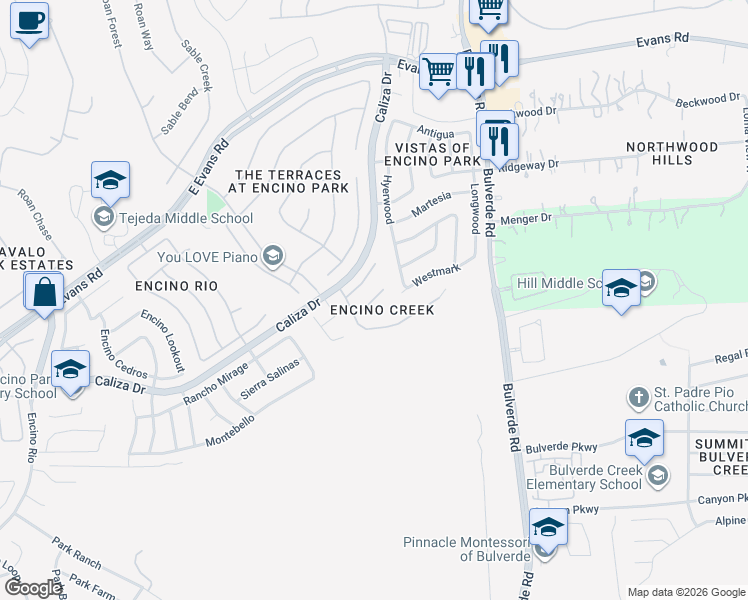 map of restaurants, bars, coffee shops, grocery stores, and more near Falling Creek in San Antonio