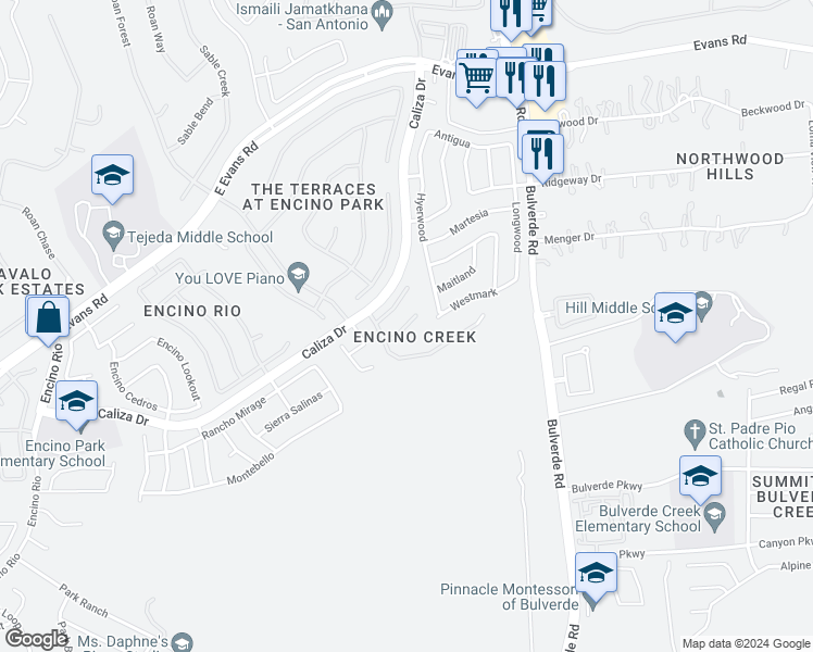 map of restaurants, bars, coffee shops, grocery stores, and more near Falling Creek in San Antonio