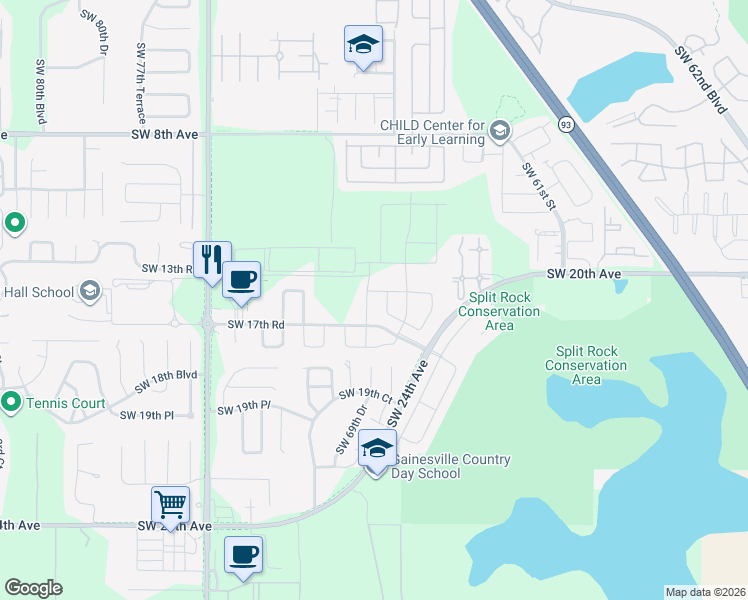 map of restaurants, bars, coffee shops, grocery stores, and more near 1416 Southwest 68th Terrace in Gainesville