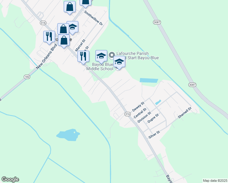 map of restaurants, bars, coffee shops, grocery stores, and more near Main Street in Houma