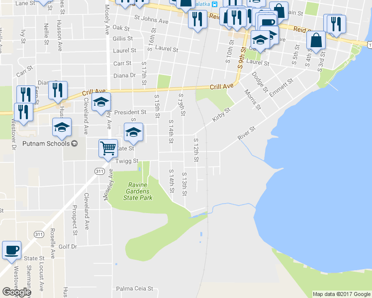 map of restaurants, bars, coffee shops, grocery stores, and more near 1214 River Street in Palatka