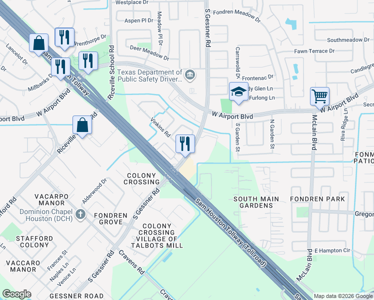 map of restaurants, bars, coffee shops, grocery stores, and more near 12583 South Gessner Road in Houston