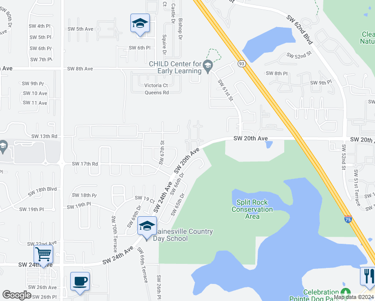 map of restaurants, bars, coffee shops, grocery stores, and more near 1574 Southwest 66th Drive in Gainesville