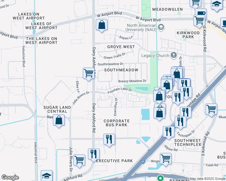 map of restaurants, bars, coffee shops, grocery stores, and more near 10515 Fountain Lake Drive in Stafford
