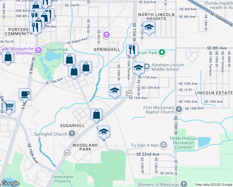 map of restaurants, bars, coffee shops, grocery stores, and more near 908 Southeast Williston Road in Gainesville