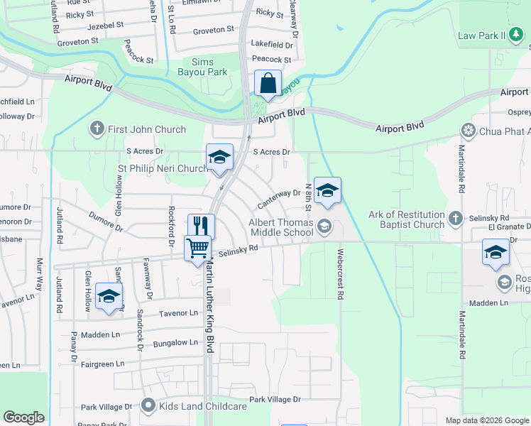 map of restaurants, bars, coffee shops, grocery stores, and more near 5626 Elm Spring Drive in Houston