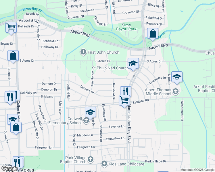 map of restaurants, bars, coffee shops, grocery stores, and more near 5231 Canterway Drive in Houston