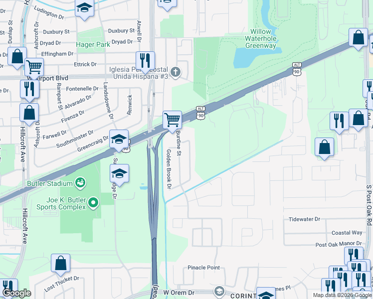 map of restaurants, bars, coffee shops, grocery stores, and more near 12651 Burdine Street in Houston