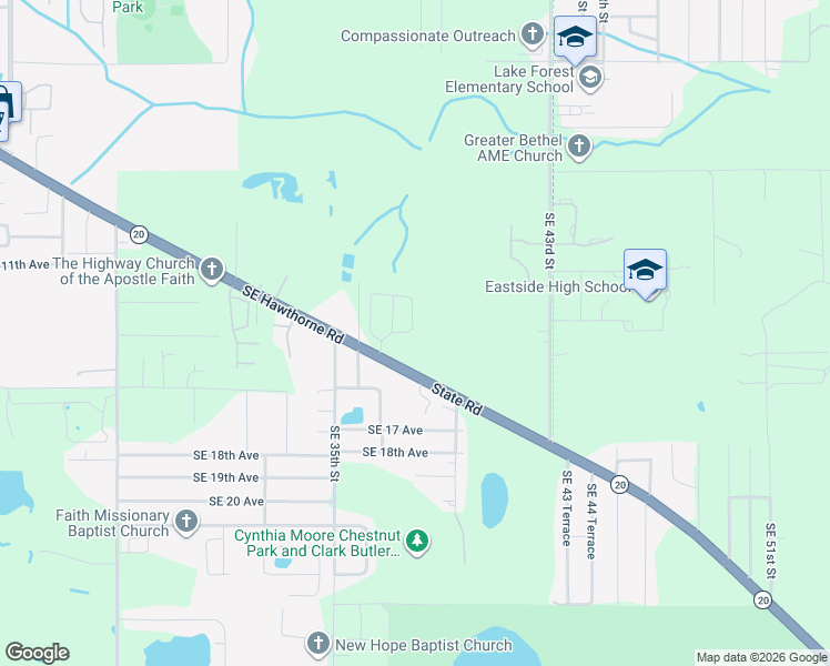 map of restaurants, bars, coffee shops, grocery stores, and more near 3720 Southeast Hawthorne Road in Gainesville