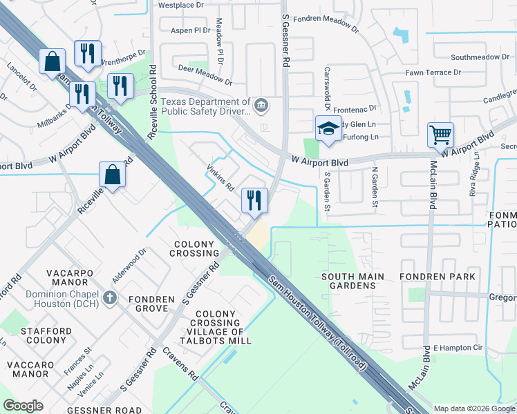 map of restaurants, bars, coffee shops, grocery stores, and more near 12583 South Gessner Road in Houston