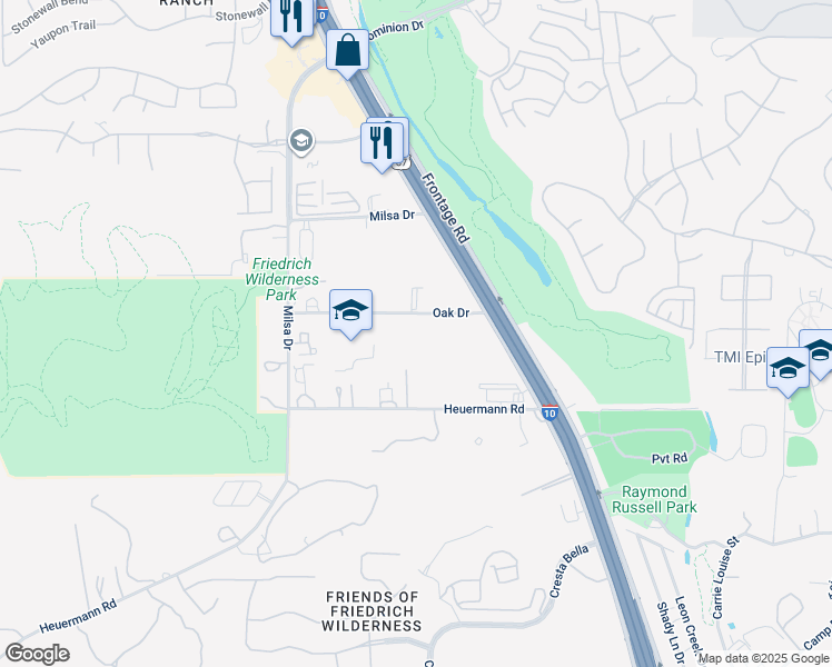 map of restaurants, bars, coffee shops, grocery stores, and more near 6974 Oak Drive in San Antonio