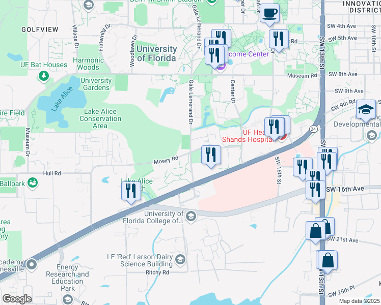 map of restaurants, bars, coffee shops, grocery stores, and more near Mowry Rd & Gale Lemerand Dr in Gainesville