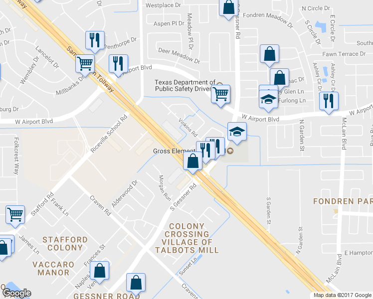 map of restaurants, bars, coffee shops, grocery stores, and more near 12653 Windsor Village Drive in Houston