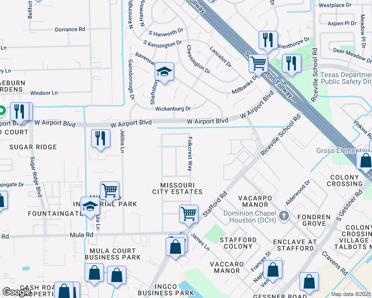 map of restaurants, bars, coffee shops, grocery stores, and more near 12618 Folkcrest Way in Stafford