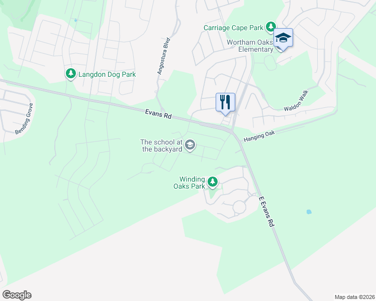 map of restaurants, bars, coffee shops, grocery stores, and more near 5099 Evans Road in San Antonio