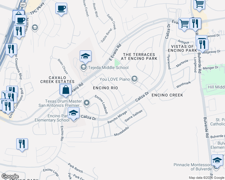 map of restaurants, bars, coffee shops, grocery stores, and more near 21518 Rio Comal in San Antonio